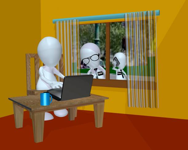 Government surveillance of a 3d man using his computer. stock photo