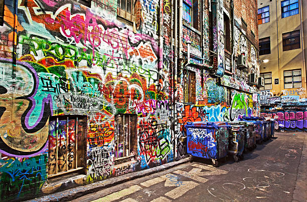 Graffiti Grunge alley covered in graffiti.  Hosier Lane, Melbourne, Australia.  HDR effects. melbourne street stock pictures, royalty-free photos & images