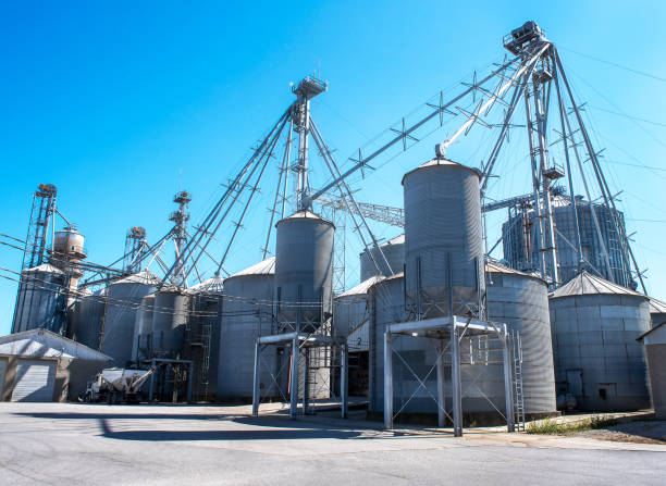 Grain elevator business with large storage bins of corn, grain, soybean. stock photo