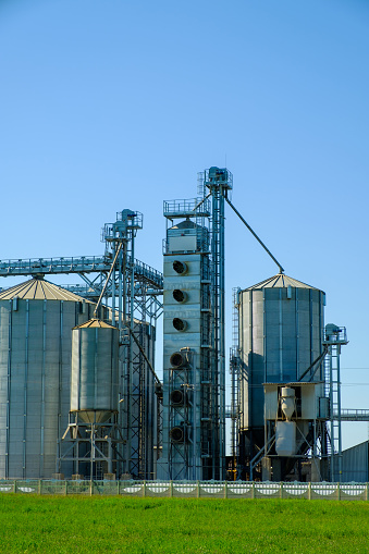 Grain elevator silos. Agriculture factory. Storage tanks agricultural crops processing plant.