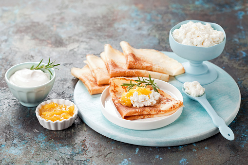 Grain free cassava flour pancakes, Homemade crepes with sugar free lemon jam, sour cream and ricotta or cottage cheese