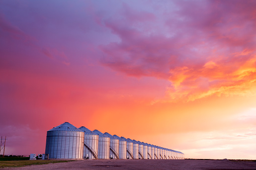 Image of a few Canadian grain silos, Saskatchewan, Canada. Late evening,  Image taken from a tripod.