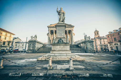 Gran Madre Di Dio Church And Vittorio Emanuele Of Sardinia Statue In Turin, Italy