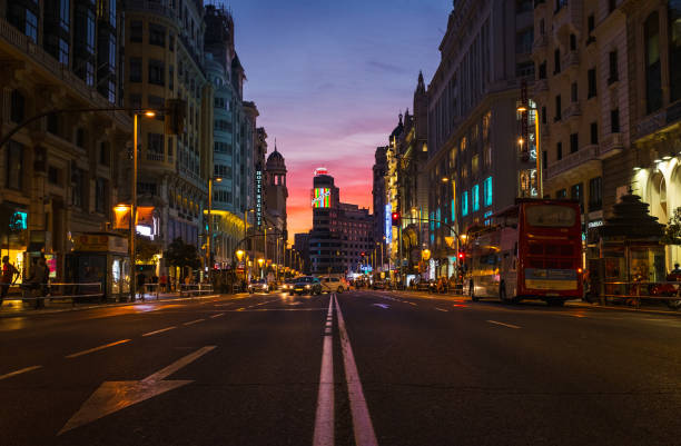 Gran Via street at dusk in Madrid stock photo