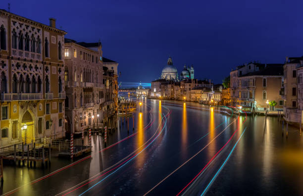 Grand Canal and Basilica Santa Maria della Salute night view stock photo