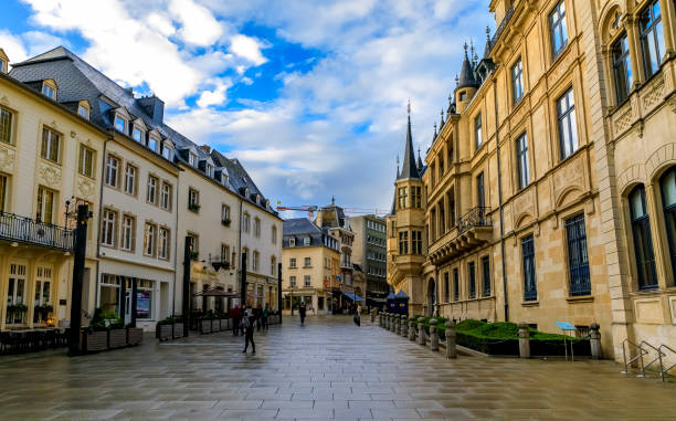 Grand Ducal Palace, residence of the Grand Duke, and people in the street in Luxembourg, UNESCO World Heritage Site stock photo