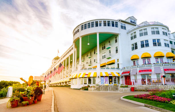 Grand Hotel Mackinac Island, Michigan, August 8, 2016: Grand Hotel on Mackinac Island, Michigan. The hotel was built in 1887 and designated as a State Historical Building. mackinac island stock pictures, royalty-free photos & images