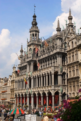 Grand Place square at the center of Brussels. Building is the Palais du Roi (Broodhuis) from the 15th century.