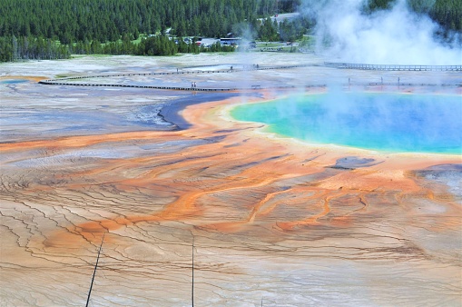 The colorful Grand Prismatic Spring is seen from a nearby hill allowing a view of the spring and the surrounding runoff field in Yellowstone National Park.