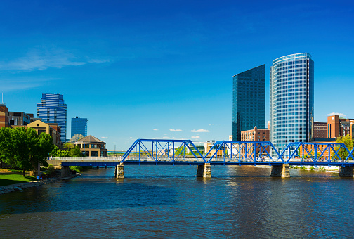 Grand Rapids downtown / riverbank skyline with grand river and a. 