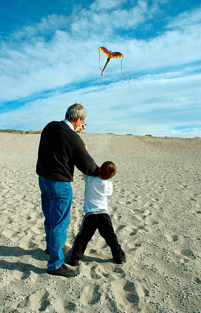 Grandfather and grandson flying a kite on the beach stock photo