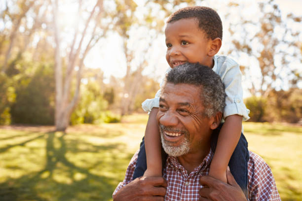 Grandfather Carries Grandson On Shoulders During Walk In Park Grandfather Carries Grandson On Shoulders During Walk In Park african american ethnicity stock pictures, royalty-free photos & images