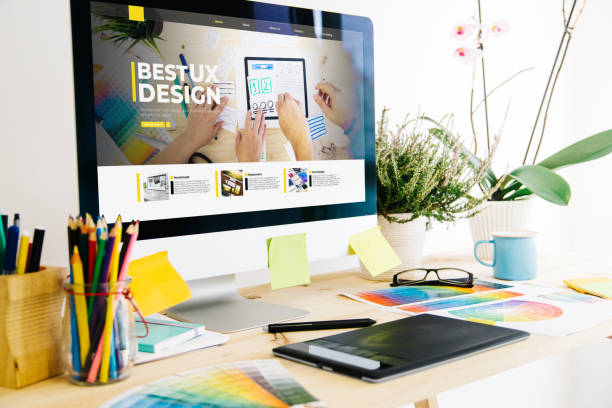 Graphic design studio showing ux design website stock photo