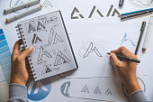 istock Graphic designer development process drawing sketch design creative Ideas draft Logo product trademark label brand artwork. Graphic designer studio Concept. 1149597075