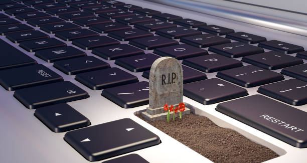 grave on laptop computer, dependence on the digital world concept, 3d render stock photo