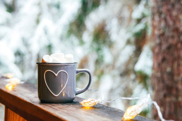 Gray mug with hot chocolate and marshmallow in winter landscape. stock photo