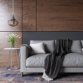 Gray Sofa with Wooden Interior. 3d render