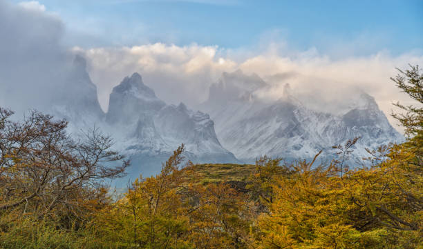 Great mountains in Torres del Paine national park, Patagonia, Chile. stock photo
