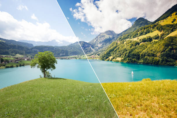 Great panorama of the town Lungern. Images before and after. Great panorama of the town Lungern. Beautiful nature landscape. Location place Swiss Alps, Europe. Beauty of earth. Images before and after. Original or retouch, example of photo editing process. lungern village switzerland lake stock pictures, royalty-free photos & images