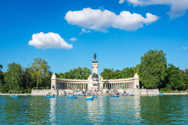 Great pond at the Parque del Retiro in Madrid stock photo