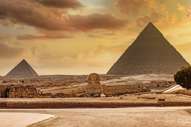 stora sfinxen i giza och pyramiden, kairo egypten - building a pyramid bildbanksfoton och bilder