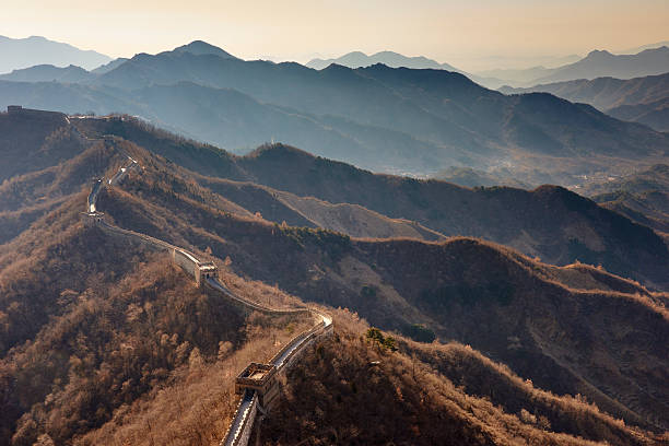 Great Wall of China Aerial view of Mutianyu section of the Great Wall of China on a winter morning. Mutianyu. Huairou District. Beijing. China. mutianyu stock pictures, royalty-free photos & images