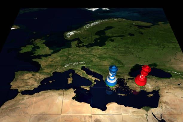 Greece and Turkey Chess Standoff Render of a chessboard decorated a map of the world and with pieces decorated with the Greek and Turkish flags.

The Earth map is a public domain image from NASA's Visible Earth project: https://visibleearth.nasa.gov/view.php?id=73884 theasis stock pictures, royalty-free photos & images