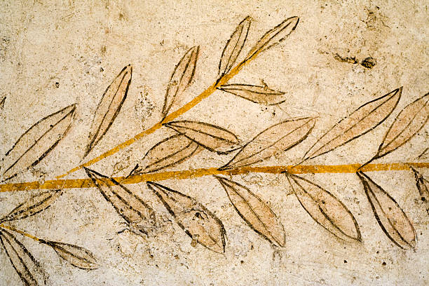 Greek Fresco of Olive Leaves Ancient detail of a Greek fresco representing a branch with leaves in temple of Paestum, Italy. fresco stock pictures, royalty-free photos & images