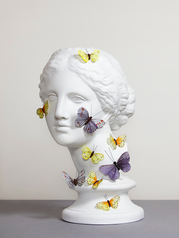 Plaster head model (mass produced replica of Head of Aphrodite of Knidos) covered with butterflies