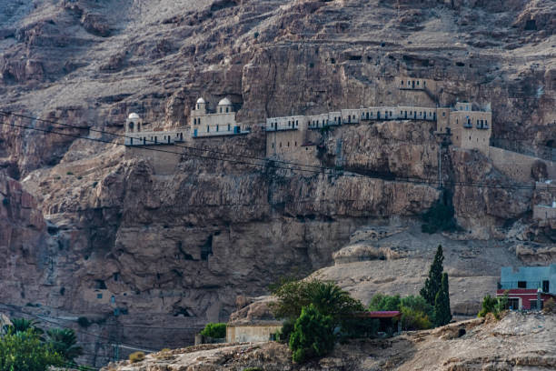 Greek monastery of temptation, near jericho city. Jordan Valley, Palestinian West Bank stock photo