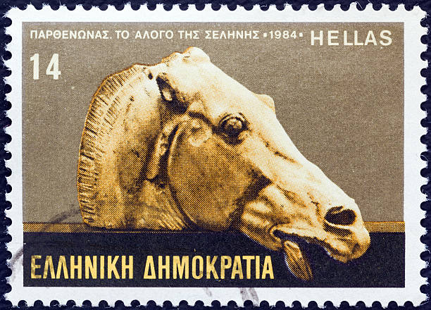 Greek stamp shows horse head of Goddess Selene (1984) stock photo