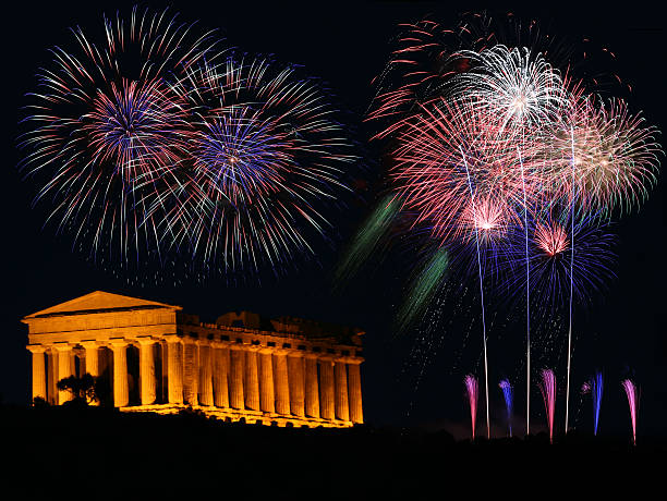 Greek temple with fireworks stock photo