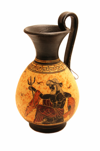 Greek vase with Poseidon painting on white isolated background