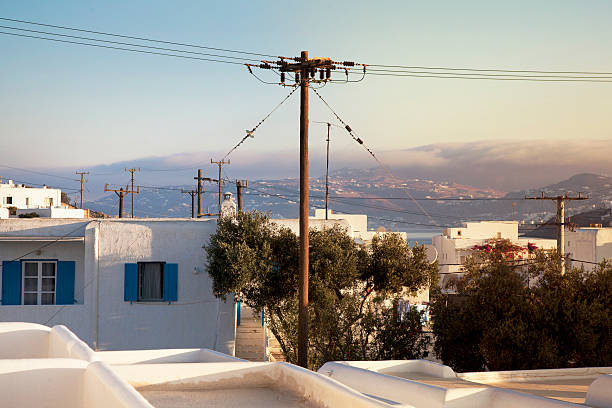 Greek village with telephone lines stock photo