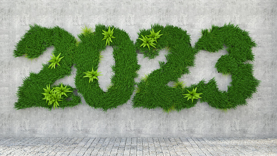 Green 2023 New Year Concept with Grass and Plants on the Wall. 3D Render