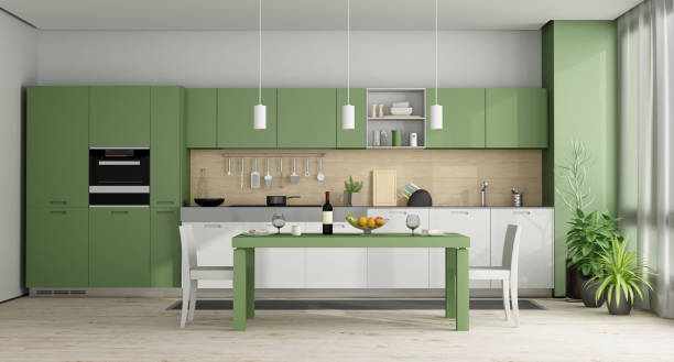 Green and white modern kitchen - 3d rendering stock photo
