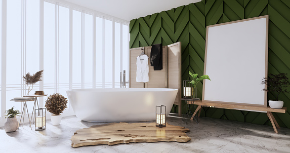 green Bath room interior bathtub with wall white and tiles floor. 3d rendering