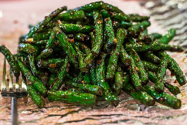Green Beans Fried with Dry Garlic stock photo