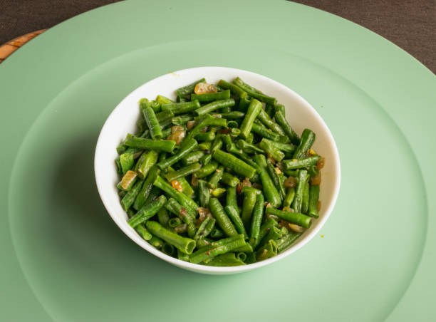 Green beans with salad on a bowl food photography runner bean stock pictures, royalty-free photos & images