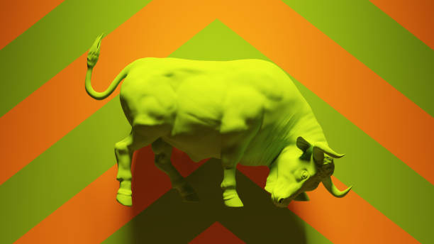 green bull kuat berotot dengan hijau latar belakang chevron oranye - pasar banteng potret stok, foto, & gambar bebas royalti