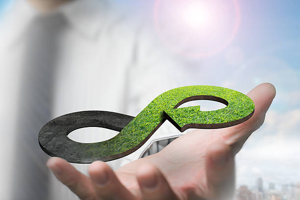 Green circular economy concept Green circular economy concept. Man's hand showing arrow infinity symbol with grass texture. circular economy stock pictures, royalty-free photos & images