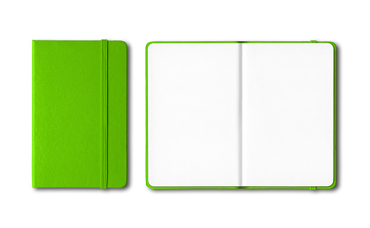 Green closed and open notebooks mockup isolated on white
