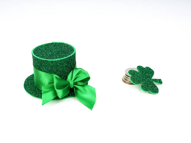 green clovers or shamrocks, Green hat isolated on white background. St. Patrick's Day Holiday concept. Spring background. stock photo