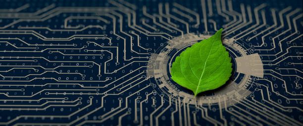 Green Computing, Green Technology, Green IT, csr, and IT ethics Concept. Green leaf on the converging point of computer circuit board. Nature with Digital Convergence and Technological Convergence. Green Computing, Green Technology, Green IT, csr, and IT ethics Concept. green technology photos stock pictures, royalty-free photos & images