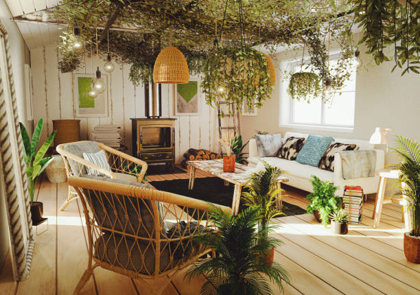 groene gezellige woonkamer met veel kamerplanten - hangplant wood stockfoto's en -beelden