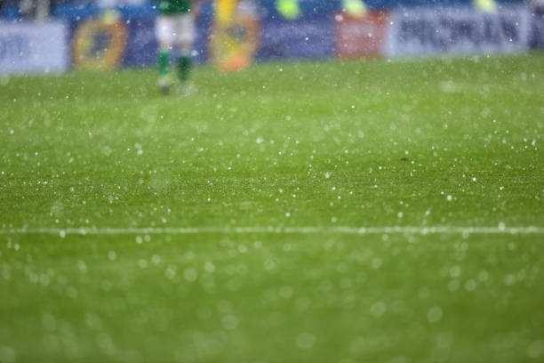 Green football field during rain showers stock photo