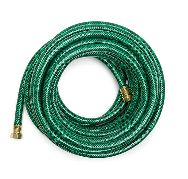 Green Garden Hose Top View of a Green Garden Hose Isolated on a White Background. garden hose stock pictures, royalty-free photos & images
