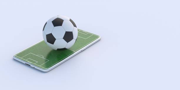 Green grass on mobile and soccer football ball isolated on white background. 3d illustration stock photo