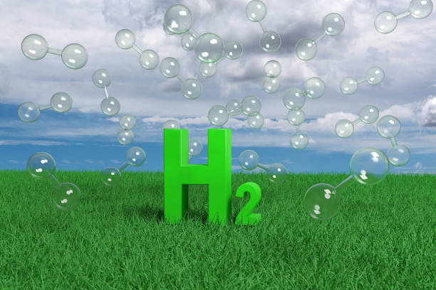 grön h2 text på gräset med en blå himmel med vita moln i bakgrunden. 3d illustration. - green hydrogen bildbanksfoton och bilder