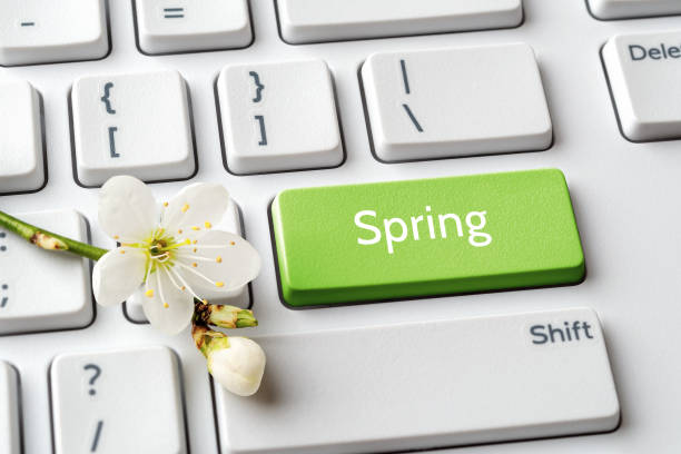 Green key with Spring word and cherry blossom with bud on a white computer keyboard. Spring season mood, holidays and sales concepts. Keypad enter button with message. stock photo